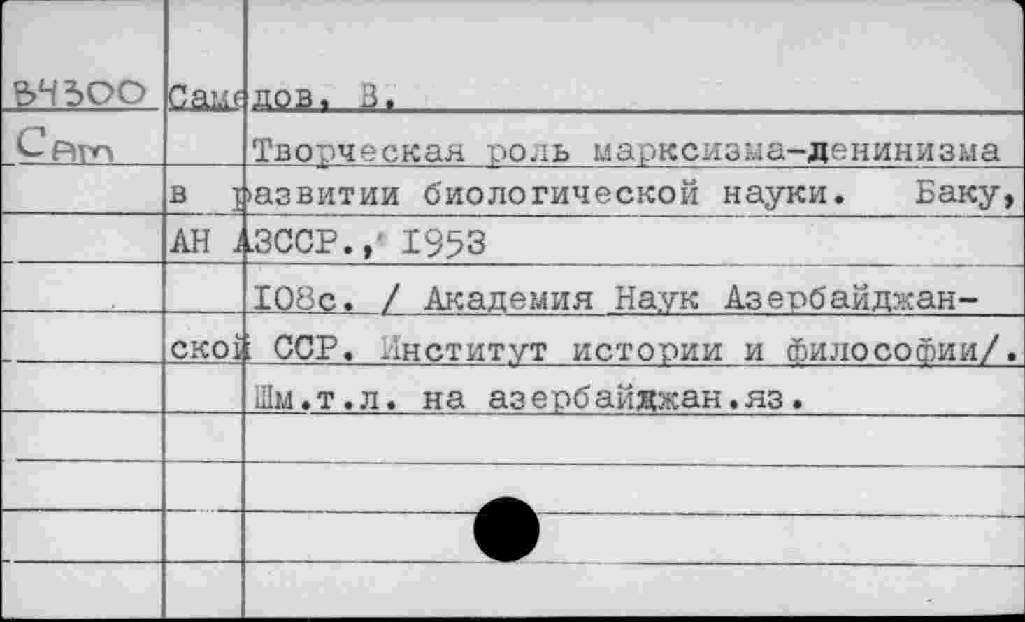 ﻿	Саш	ДОВ, В.	 Творческая, роль марксизма-ленинизма
—	в	I АН 1	»азвитии биологической науки. Баку, иЗССР. / 1953	 		 108с. / Академия Наук Азербайджан-
	СК01	; ССР. Институт истории и Философии/.
		Шм.т.л. на азербайжжан.яз.
—		• 	